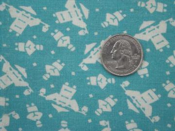 catalog photo of vintage cotton feed sack fabric, retro 50s chinamen print, aqua blue & white