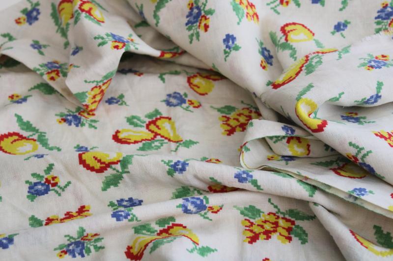 photo of vintage cotton feed sack fabric, retro fruit print yellow red blue green #3