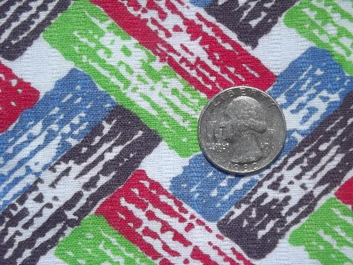 photo of vintage cotton feed sack fabric, retro jade green, red & blue print #1