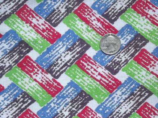 photo of vintage cotton feed sack fabric, retro jade green, red & blue print #2