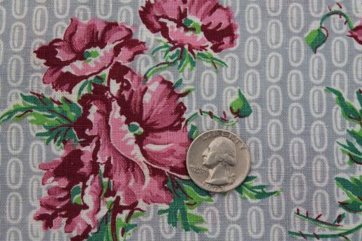 photo of vintage cotton feed sack fabric, rose-pink poppies floral print on grey #2