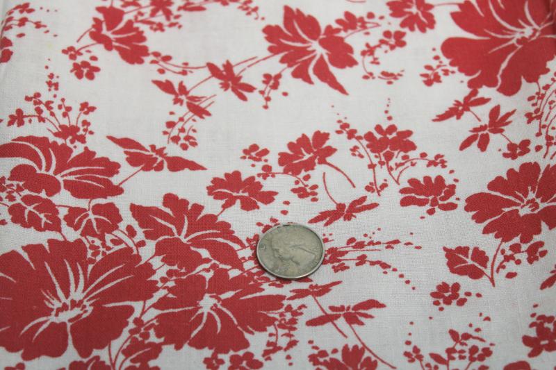 photo of vintage cotton feed sack fabric, soft homespun texture, red & white floral print #1