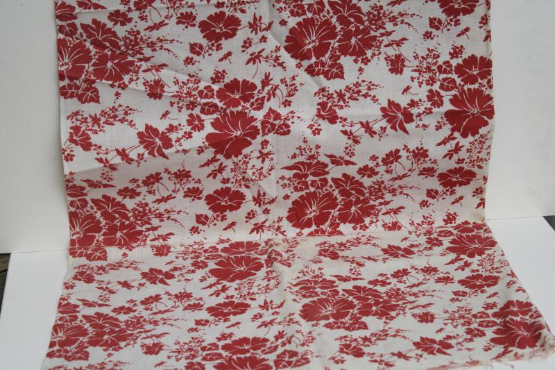 photo of vintage cotton feed sack fabric, soft homespun texture, red & white floral print #2