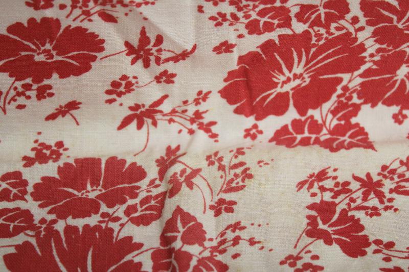 photo of vintage cotton feed sack fabric, soft homespun texture, red & white floral print #3