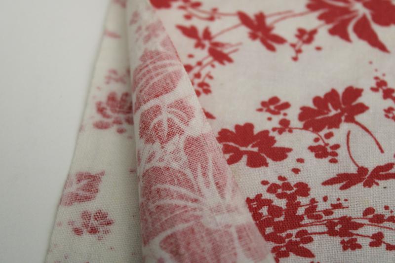 photo of vintage cotton feed sack fabric, soft homespun texture, red & white floral print #4