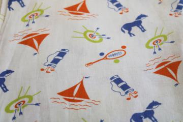 catalog photo of vintage cotton feed sack fabric, sporting life print golf, horses, archery, sailboats