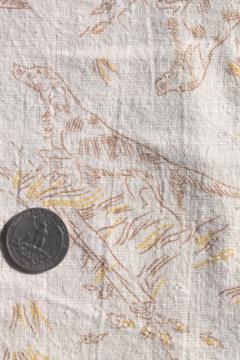 catalog photo of vintage cotton feed sack fabric w/ sporting print, hunting dog spaniels 