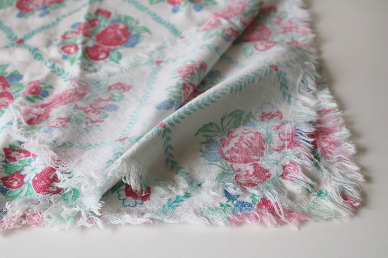 photo of vintage cotton feed sack fabric tablecloth, apples berries fruit print 1950s kitchen  #2