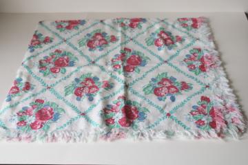 catalog photo of vintage cotton feed sack fabric tablecloth, apples berries fruit print 1950s kitchen 