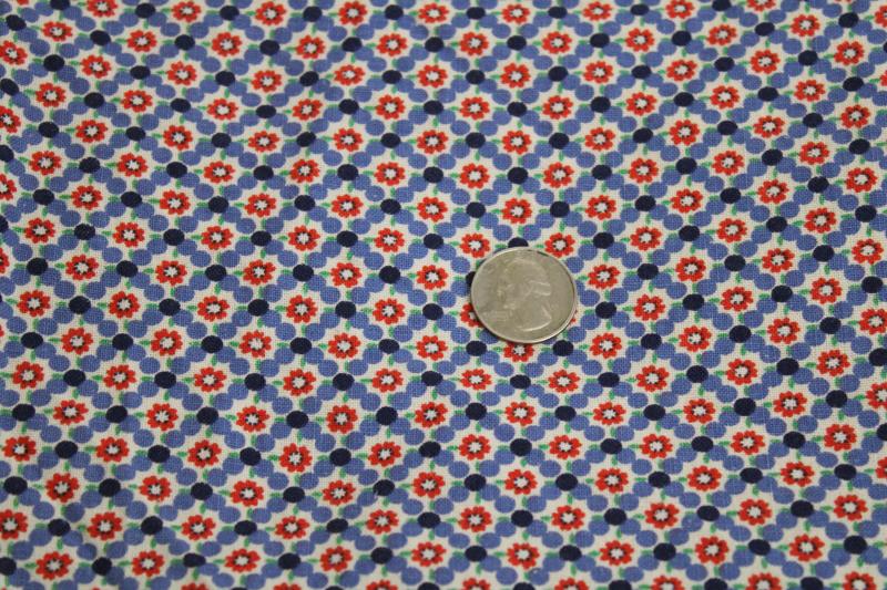 photo of vintage cotton feed sack fabric, tiny print dots & flowers blue and red #1