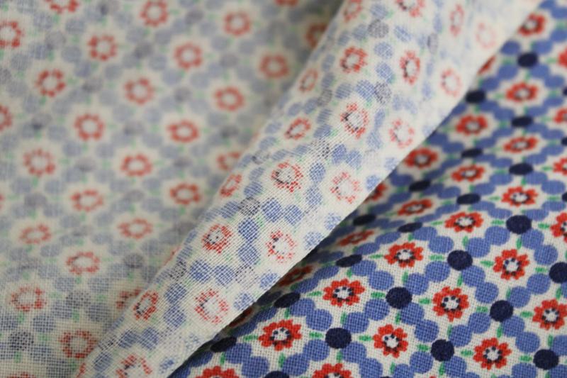 photo of vintage cotton feed sack fabric, tiny print dots & flowers blue and red #2