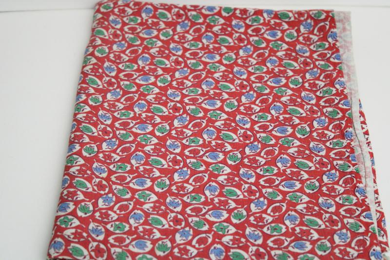 photo of vintage cotton feed sack fabric, tiny print leaves in blue & green on red #1