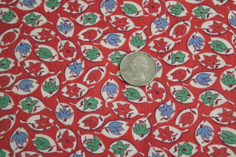 photo of vintage cotton feed sack fabric, tiny print leaves in blue & green on red #2