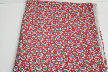 catalog photo of vintage cotton feed sack fabric, tiny print leaves in blue & green on red