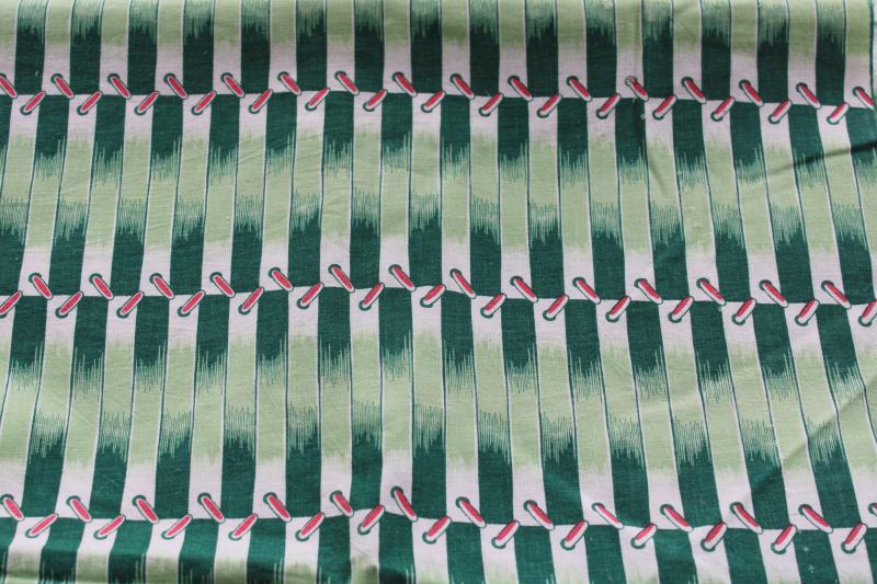 photo of vintage cotton feed sack fabric, whip stitch lacing print in jadite & teal green #1
