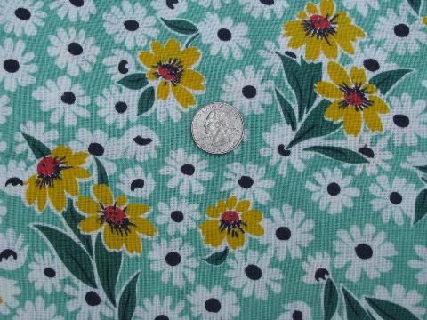 photo of vintage cotton feed sack fabric, white daisies & yellow sunflowers print #1