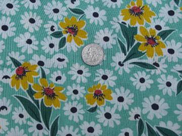 catalog photo of vintage cotton feed sack fabric, white daisies & yellow sunflowers print