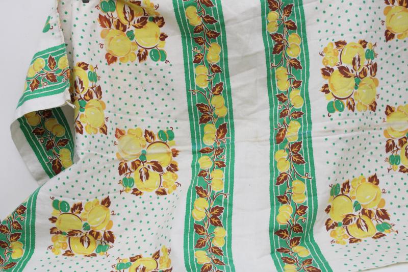 photo of vintage cotton feed sack fabric, whole sack green & yellow fruit print w/ dots #1