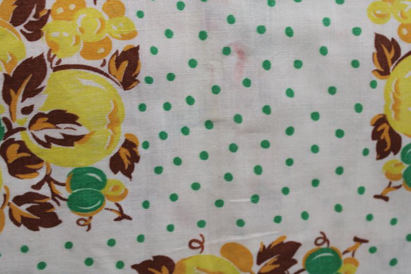 photo of vintage cotton feed sack fabric, whole sack green & yellow fruit print w/ dots #7