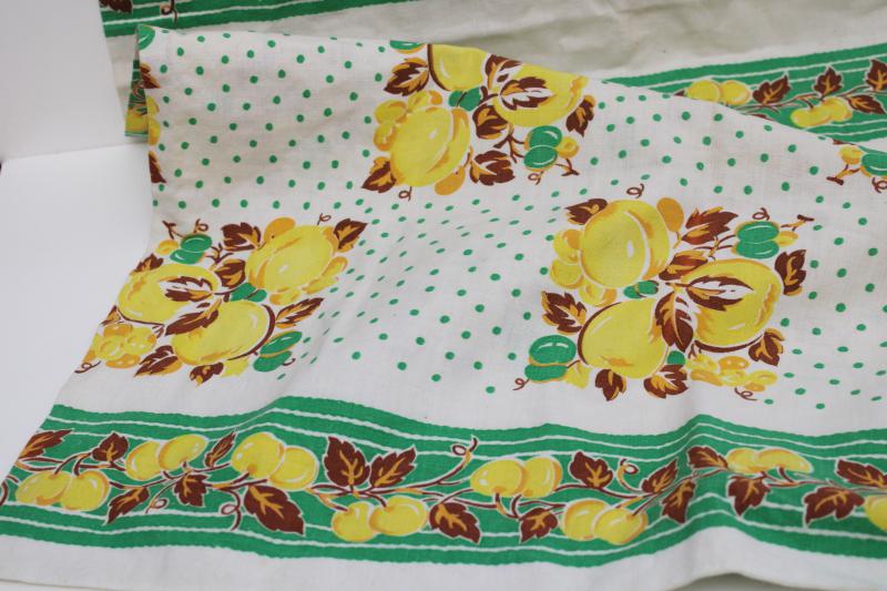 photo of vintage cotton feed sack fabric, whole sack green & yellow fruit print w/ dots #8