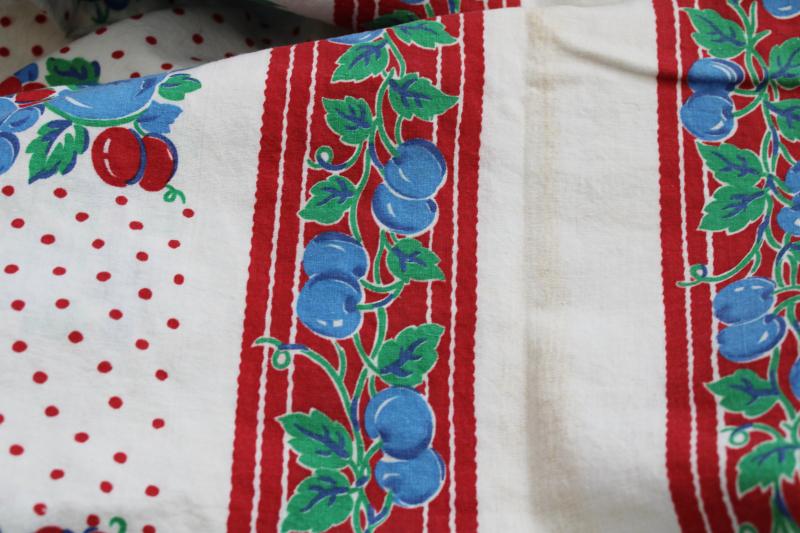 photo of vintage cotton feed sack fabric, whole sacks red & blue fruit print w/ dots #2