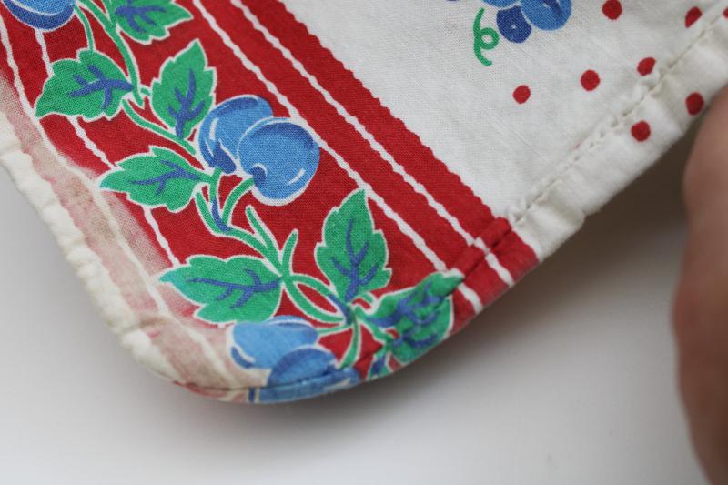 photo of vintage cotton feed sack fabric, whole sacks red & blue fruit print w/ dots #3