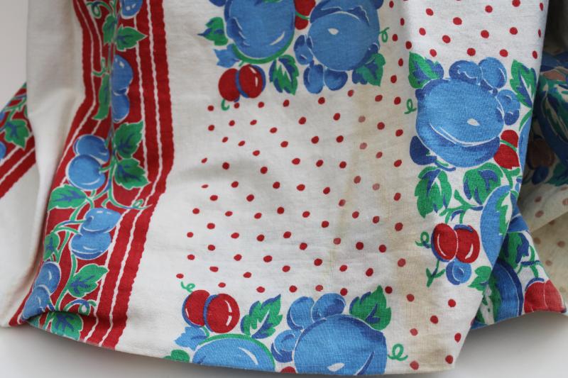 photo of vintage cotton feed sack fabric, whole sacks red & blue fruit print w/ dots #6