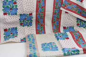 catalog photo of vintage cotton feed sack fabric, whole sacks red & blue fruit print w/ dots