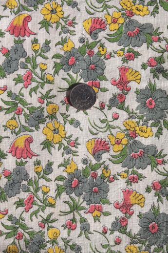 photo of vintage cotton feed sack w/ grey, pink, yellow flowers, retro floral print fabric #1