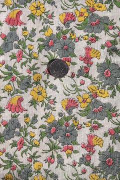 catalog photo of vintage cotton feed sack w/ grey, pink, yellow flowers, retro floral print fabric