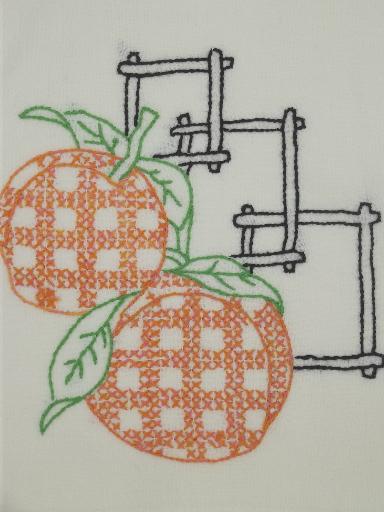 photo of vintage cotton feed sack kitchen kitchen towels w/ hand-embroidered fruit #6