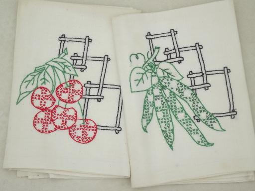 photo of vintage cotton feed sack kitchen kitchen towels w/ hand-embroidered fruit #8