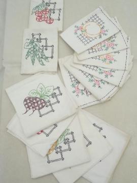 catalog photo of vintage cotton feed sack kitchen kitchen towels w/ hand-embroidered fruit