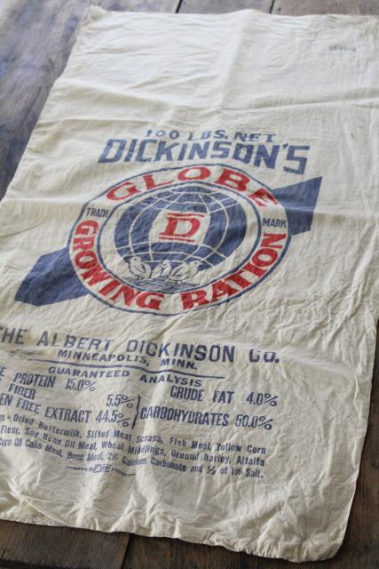 photo of vintage cotton feed sack w/ red blue Globe ad graphics, growing ration chicken mash #1