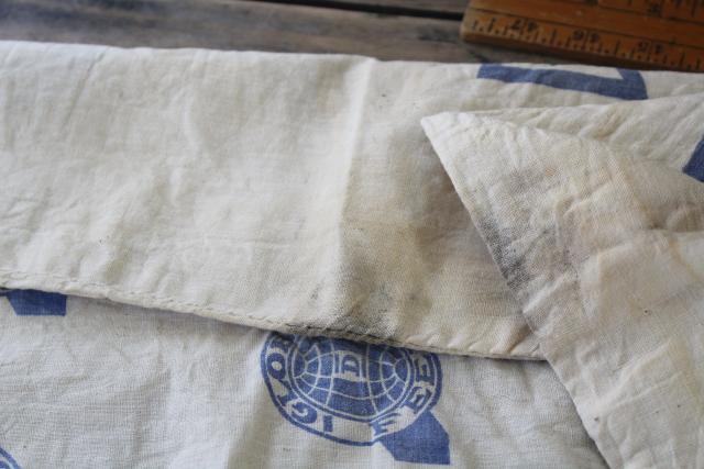 photo of vintage cotton feed sack w/ red blue Globe ad graphics, growing ration chicken mash #7