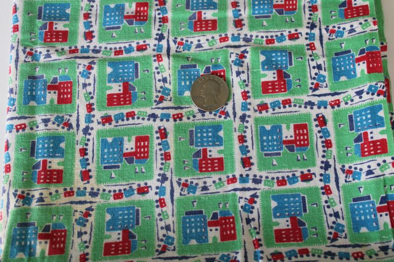 photo of vintage cotton feedsack fabric w/ cottage style print, row houses on jadite green #1