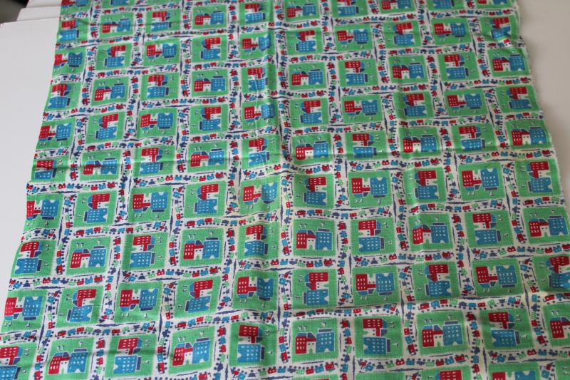 photo of vintage cotton feedsack fabric w/ cottage style print, row houses on jadite green #2