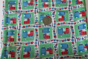 catalog photo of vintage cotton feedsack fabric w/ cottage style print, row houses on jadite green