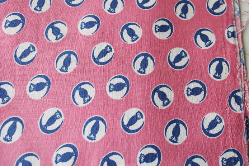 photo of vintage cotton feedsack fabric, harvest moon owls print pink & navy blue #1