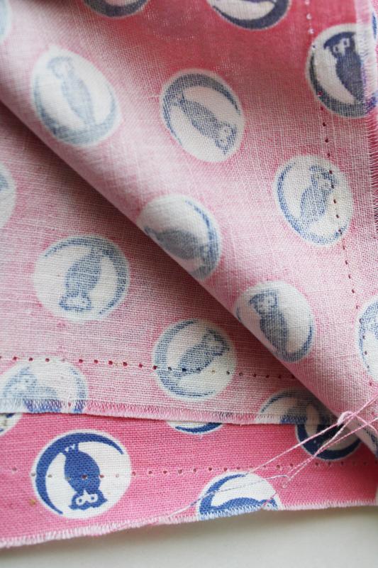 photo of vintage cotton feedsack fabric, harvest moon owls print pink & navy blue #3