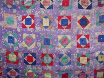 catalog photo of vintage cotton feedsack fabric patchwork quilt tied comforter, 40s or 50s