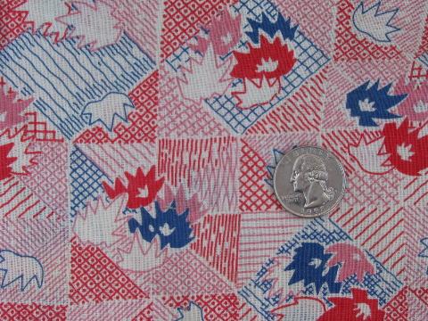 photo of vintage cotton feedsack fabric, red & blue leaves on patchwork print #1