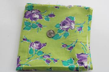 catalog photo of vintage cotton feedsack fabric, roses print purple flowers on lime green