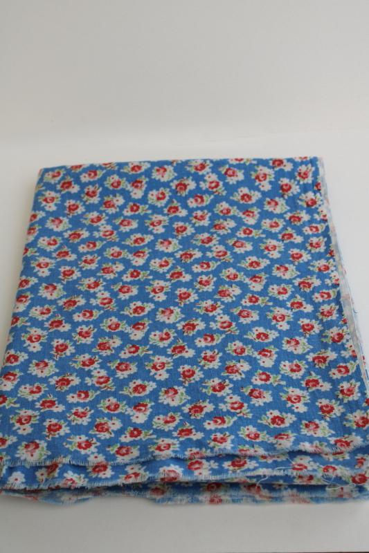 photo of vintage cotton feedsack fabric, sky blue with red & pink roses floral tiny print #1