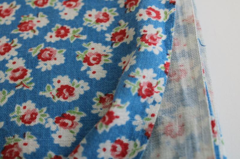 photo of vintage cotton feedsack fabric, sky blue with red & pink roses floral tiny print #3