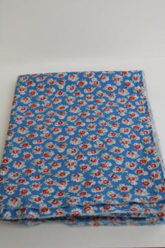 catalog photo of vintage cotton feedsack fabric, sky blue with red & pink roses floral tiny print