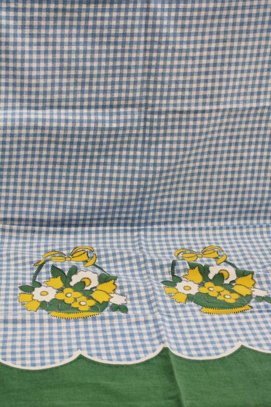 photo of vintage cotton feedsack fabric, spring flower basket border blue gingham print  #1