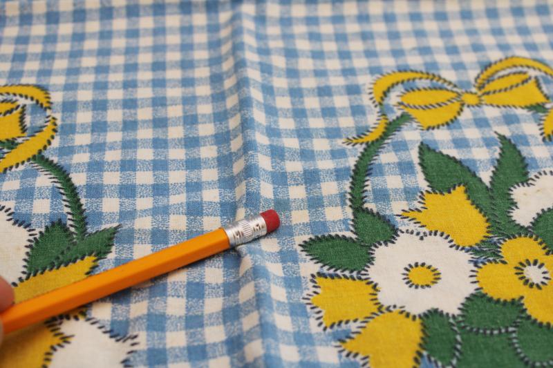 photo of vintage cotton feedsack fabric, spring flower basket border blue gingham print  #3