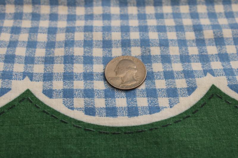 photo of vintage cotton feedsack fabric, spring flower basket border blue gingham print  #5