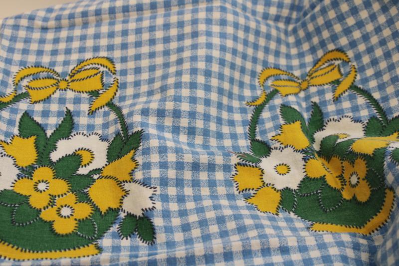 photo of vintage cotton feedsack fabric, spring flower basket border blue gingham print  #7